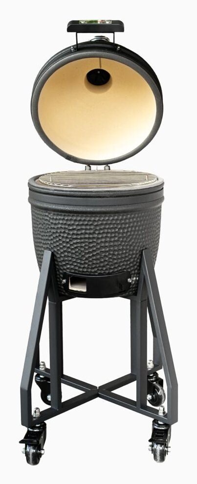 Kamado Chef 13 lid open with folding shelves