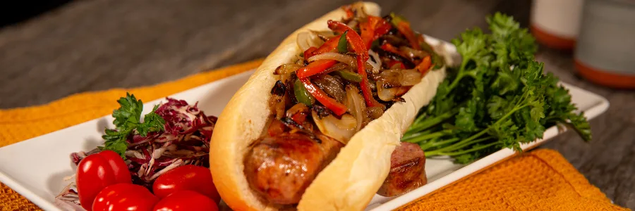 Hot Dog with Caramelized Onions and Peppers